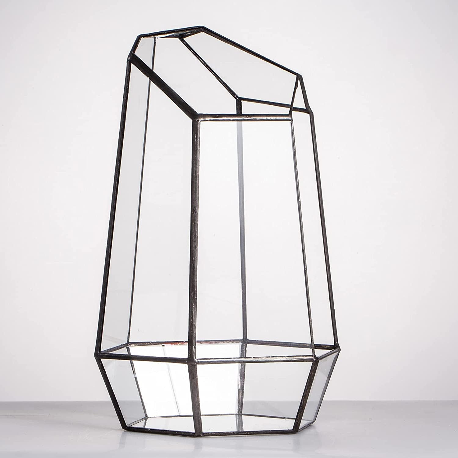 Geometric Glass Terrarium Planter for Succulent, Small Cacti - 6.5" X 5.7" X 9.8" - Tabletop Black Irregular Opened Container Pot for Indoor Home Garden, Office Decor (No Plants, No Door)